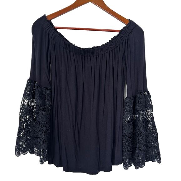 Loft Blouse Women S Navy Lace Off Shoulder Flowy Dressy Boho Fairy Goth Romantic - Picture 2 of 13